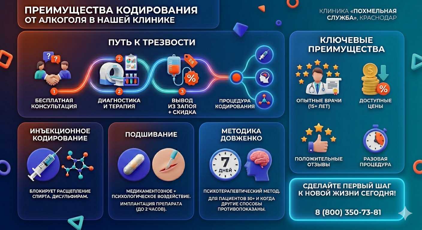Инфографика о методах кодирования от алкоголя в Нижней Туре: инъекции, подшивание, метод Довженко. Преимущества клиники и этапы лечения.